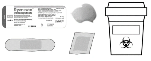 Envase de Ryzneuta, jeringa precargada, frasco de solución, parche cutáneo y recipiente para residuos biológicos con símbolo de riesgo biológico