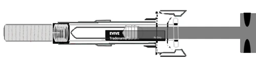 Horizontal technical diagram of a medical device with transparent central body, black label with white text, and gray mechanical components