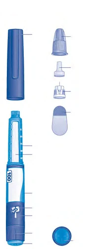 Diagramma esploso di una penna iniettore medica con componenti blu e bianchi separati da linee guida orizzontali su sfondo bianco