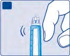 Una mano impugna un dispositivo medico cilindrico blu e bianco che emette segnali sonori o vibrazioni indicati da linee curve