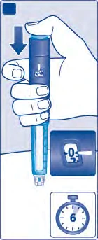Una mano impugna una penna iniettiva blu con una freccia verso il basso e un dettaglio del dosaggio che indica lo zero e un cronometro con il numero 6