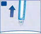 Illustrazione medica con una freccia blu rivolta verso l'alto accanto a una penna iniettore con ago esposto su sfondo azzurro chiaro