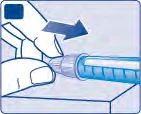 Mani che impugnano una siringa con liquido blu e una freccia che indica il movimento di inserimento o spinta verso l'alto
