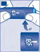Due mani tengono un dispositivo medico blu con un display numerico che mostra lo zero e una freccia curva indica il movimento di rotazione
