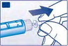 Una mano tiene una penna iniettore azzurra mentre un'altra mano ruota la parte superiore del dispositivo verso destra indicato da una freccia blu