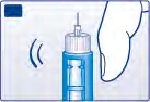 Una mano tiene una siringa blu con ago rivolto verso l'alto su sfondo bianco con linee curve stilizzate a sinistra