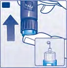 Illustrazione medica che mostra una freccia rivolta verso l'alto accanto a un dispositivo di iniezione blu e un dettaglio dell'ago esposto