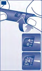 Dettaglio di una penna iniettiva con freccia che indica la rotazione del dosaggio e due riquadri che mostrano i numeri 4 e 6 e 24 e 26