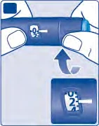 Due mani tengono un dispositivo medico blu con un display numerico che mostra lo zero e una freccia curva indica il movimento di rotazione
