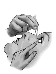 Black and white drawing of two hands applying a drop of liquid into the eye