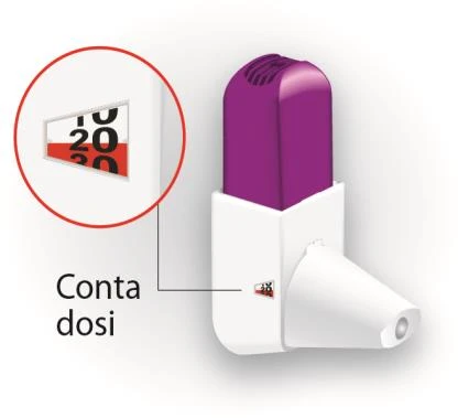 Dettaglio di un dispositivo medico bianco e viola con un ingrandimento circolare che mostra un contadosi con numeri neri su fondo bianco e rosso