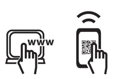 Icone stilizzate in bianco e nero di un computer con la scritta www e uno smartphone con codice QR, entrambi toccati da mani che indicano l'uso digitale