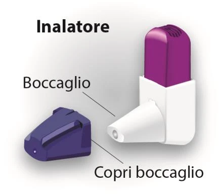 Inalatore viola e bianco con boccaglio conico e copri boccaglio viola separato su sfondo bianco con scritte descrittive in nero