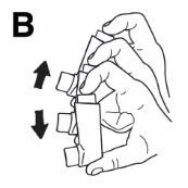 Black and white drawing of two hands holding and moving a medical device vertically, with arrows indicating up and down motion