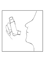 Disegno lineare di una mano che impugna un inalatore posizionandolo vicino alla bocca e al naso di un profilo umano