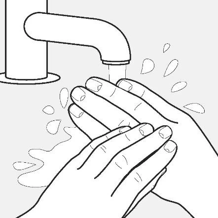 Disegno in bianco e nero che mostra due mani sotto un rubinetto aperto mentre l'acqua scorre per lavarle accuratamente