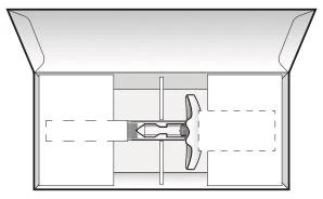 Schema tecnico di una scatola di cartone aperta con divisori interni che contengono un dispositivo medico centrale con componenti sagomate