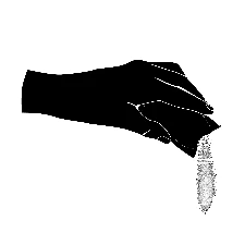 Silhouette nera di una mano che tiene e versa una polvere bianca o granuli da un contenitore invisibile verso il basso