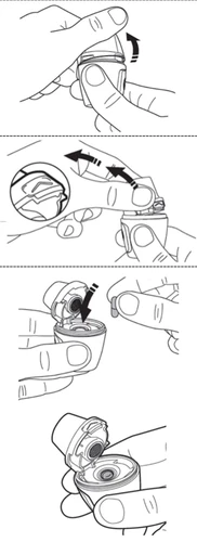 Secuencia de cuatro dibujos que muestran las manos abriendo y retirando la tapa de un dispositivo médico para la