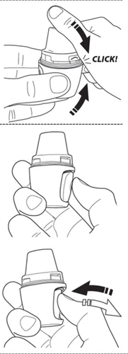 Tres dibujos secuenciales muestran manos sujetando un dispositivo médico, con flechas y la palabra CLICK que indican los movimientos de presión y giro
