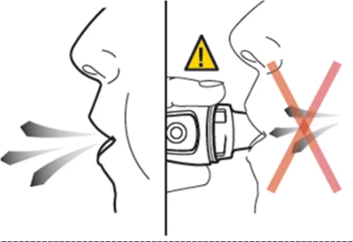 Dibujo dividido en dos partes que muestra el uso correcto de un inhalador con vapor saliendo de la boca y la