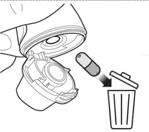 Disegno lineare che mostra una capsula che cade in un cestino della spazzatura accanto a un contenitore medico aperto