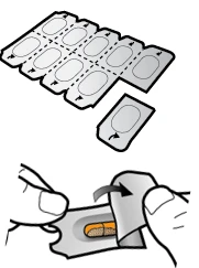 Illustrazione di un blister di compresse con una singola dose staccata e mani che aprono una confezione monodose per estrarre una pillola arancione