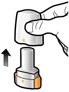 Una mano solleva verso l'alto la parte superiore di un dispositivo medico bianco per separarlo dalla base cilindrica sottostante