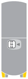 Dispositivo médico gris con pantalla digital que muestra los números 54, 56 y 58 y detalles amarillos en la base