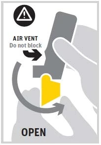 Diagrama que muestra cómo girar la parte amarilla de un dispositivo médico para abrirlo, con advertencia de no bloquear la válvula de ventilación del