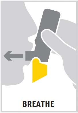 Perfil estilizado de una persona que utiliza un inhalador con la mano, con una flecha que indica la