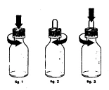 Three sequential diagrams showing how to press the cap, rotate it, and finally remove a medical vial with a black arrow pointing downward