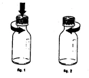 Two drawings of bottles with black arrows indicating the downward pressure and rotation of the cap clockwise and counterclockwise