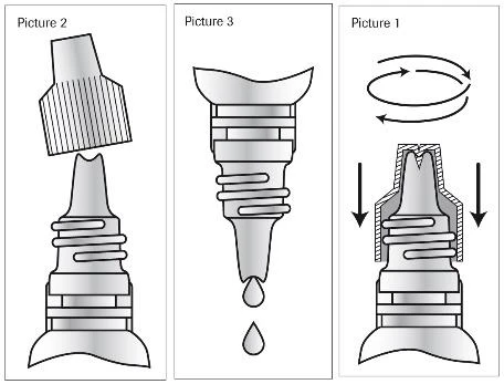 Tre diagrammi sequenziali mostrano come avvitare e premere un applicatore medico per far uscire una goccia di liquido dal beccuccio