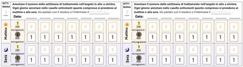 Daily monitoring table with rows for morning and evening, columns for days of the week, and spaces to record dosages in micrograms