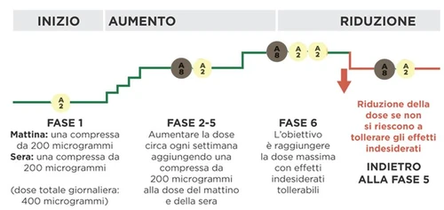 Stepwise graph illustrating initiation, dose escalation, and dose reduction phases with milligram amounts and timing for each tablet