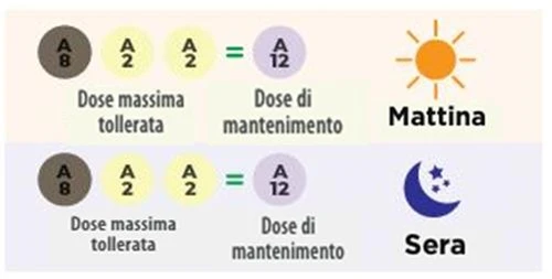 Graphical scheme with colored circles indicating maximum and maintenance doses for morning (sun) and evening (crescent moon and stars)