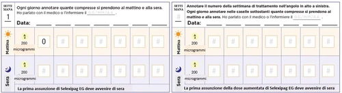 Weekly monitoring table for the drug Selexipag with boxes to record morning and evening doses of 200 micrograms each day