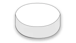 Disegno schematico di una compressa o pillola bianca di forma cilindrica e piatta vista in prospettiva su sfondo bianco
