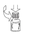 Disegno schematico di un flaconcino con una freccia verticale che punta verso il tappo e una freccia curva che indica il movimento di rotazione
