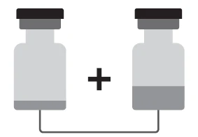 Two gray medical vials connected by a thin tube at the bottom, with a plus sign between them indicating mixing of contents