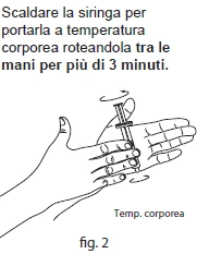 Disegno lineare che mostra due mani che ruotano una siringa tra i palmi per scaldarla alla temperatura corporea con frecce di movimento