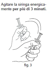 Disegno in bianco e nero di due mani che impugnano una siringa per agitarla energicamente con un movimento circolare continuo