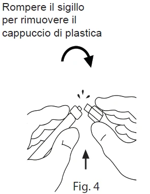 Disegno tecnico che mostra due mani che rimuovono il cappuccio di plastica da un contenitore medico seguendo una freccia curva verso il basso