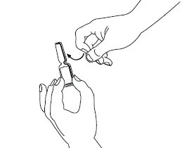 Disegno lineare di due mani che tengono e spezzano un flaconcino di vetro per l'apertura con una freccia che indica il movimento di rotazione