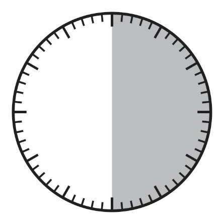 Diagramma circolare con tacche graduate lungo il bordo e una metà destra colorata in grigio su sfondo bianco per indicare un intervallo temporale