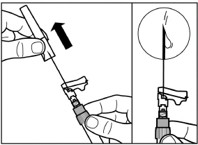 Disegno tecnico che mostra una mano che solleva un dispositivo medico da un altro con una freccia nera e un dettaglio ingrandito dell'ago