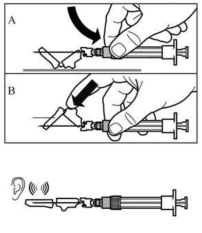 Diagramma in tre parti che mostra una mano che manipola una siringa con aghi e frecce direzionali per indicare il movimento di inserimento o rimozione
