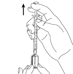 Una mano tiene una siringa in verticale mentre l'altra mano afferra la fiala alla base per aspirare il liquido indicato da una freccia verso l'alto