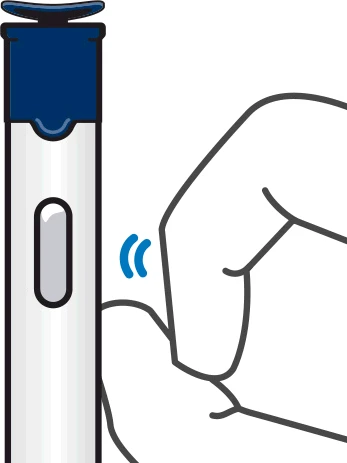 Illustrazione di una mano che preme il pulsante laterale di una penna iniuttrice medica bianca con cappuccio blu scuro